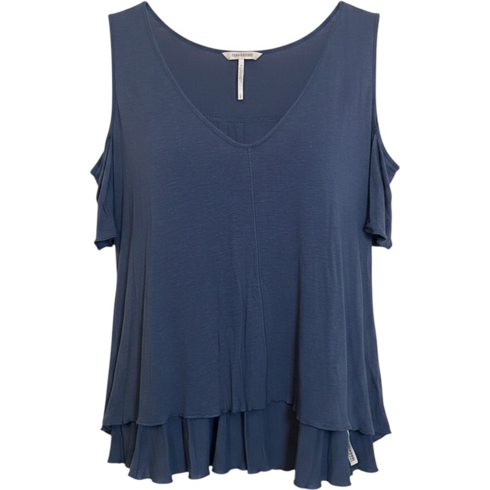 Free People Women Cold Shoulder V-Neck Linen Blend Top Blue Gray Large